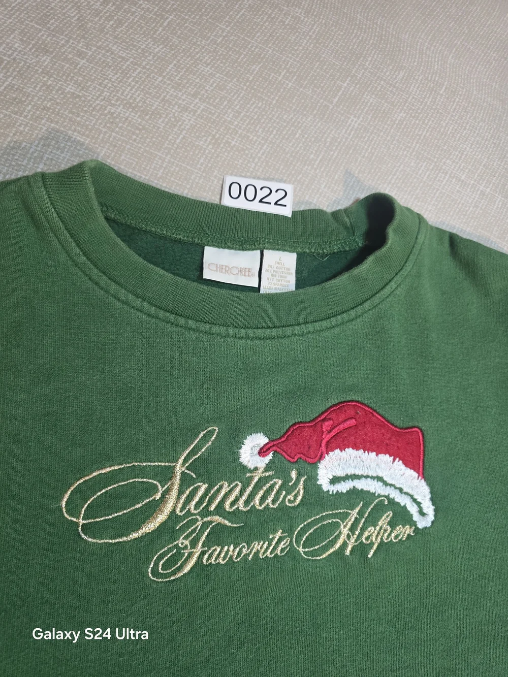 Cherokee Green Crewneck Sweater with Santa Hat Embroidery
